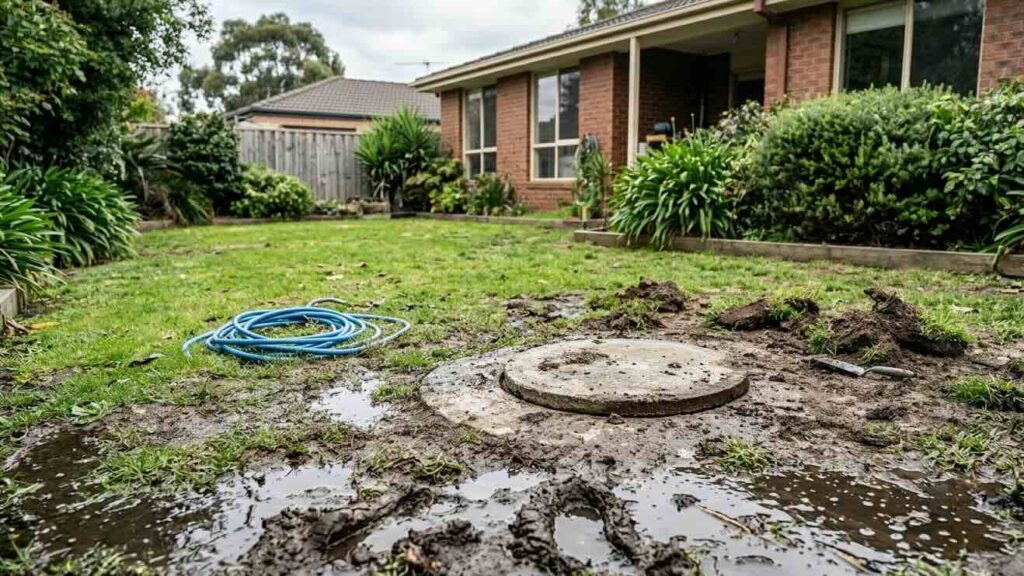 Dirty water backing up through a shower drain, indicating a serious septic system failure