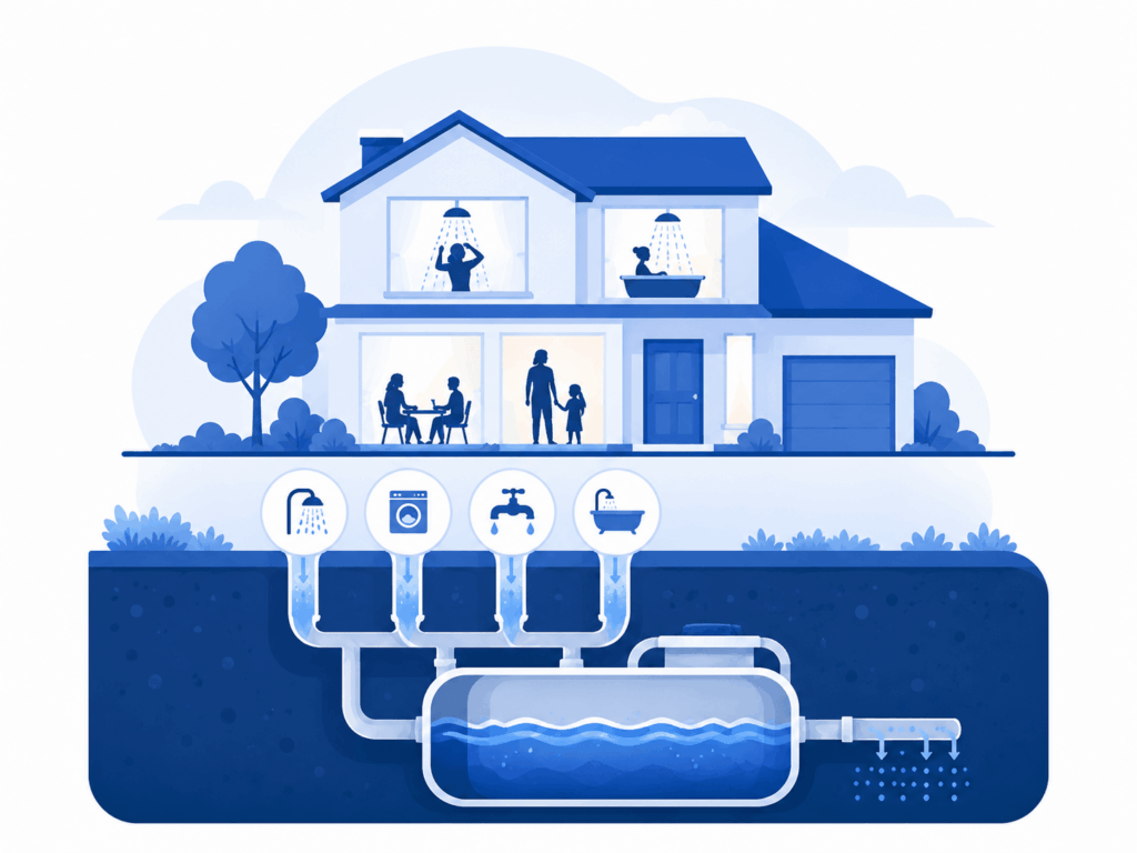 Illustration of a busy household with multiple water sources flowing into an underground septic system, showing increased demand on the tank.