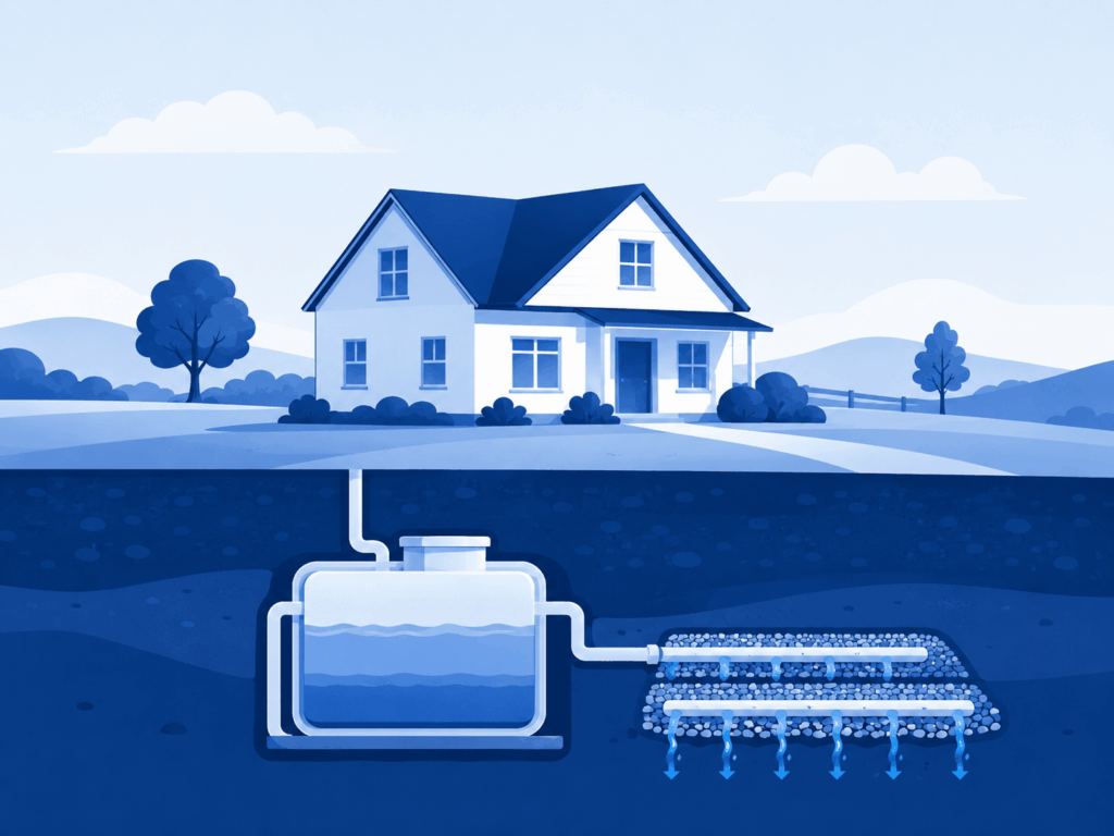 Illustration of a home connected to an underground septic tank and drainage field, showing reliance on an on-site wastewater system.