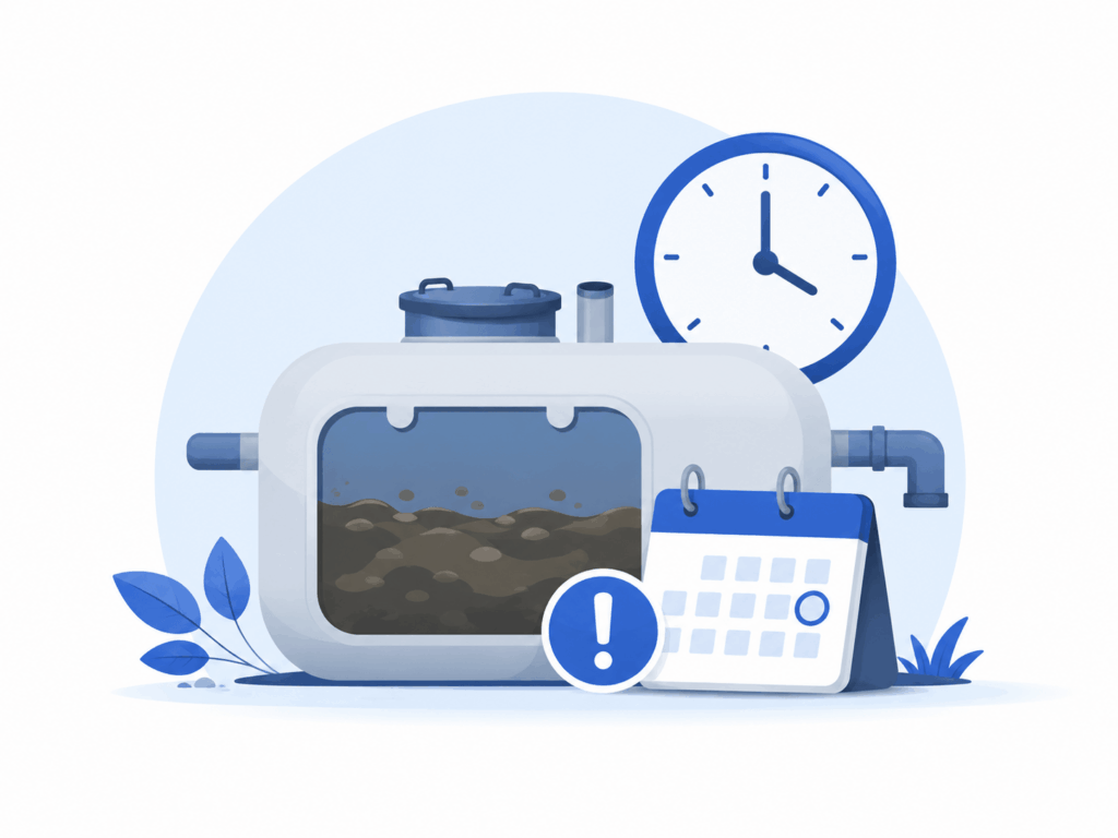 Illustration of a septic tank with a calendar, clock, and warning icon, showing the importance of regular maintenance and servicing.
