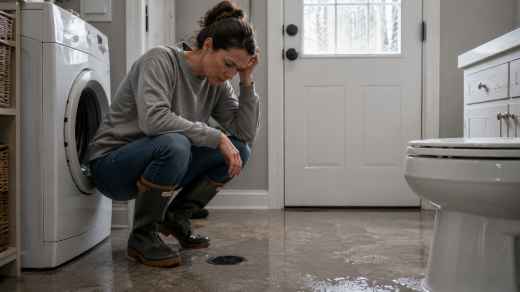 Homeowner inspecting water near a floor drain following a septic system backup.png