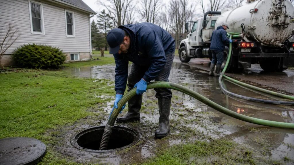 Professional septic tank pump out service on a rain-soaked residential property.png