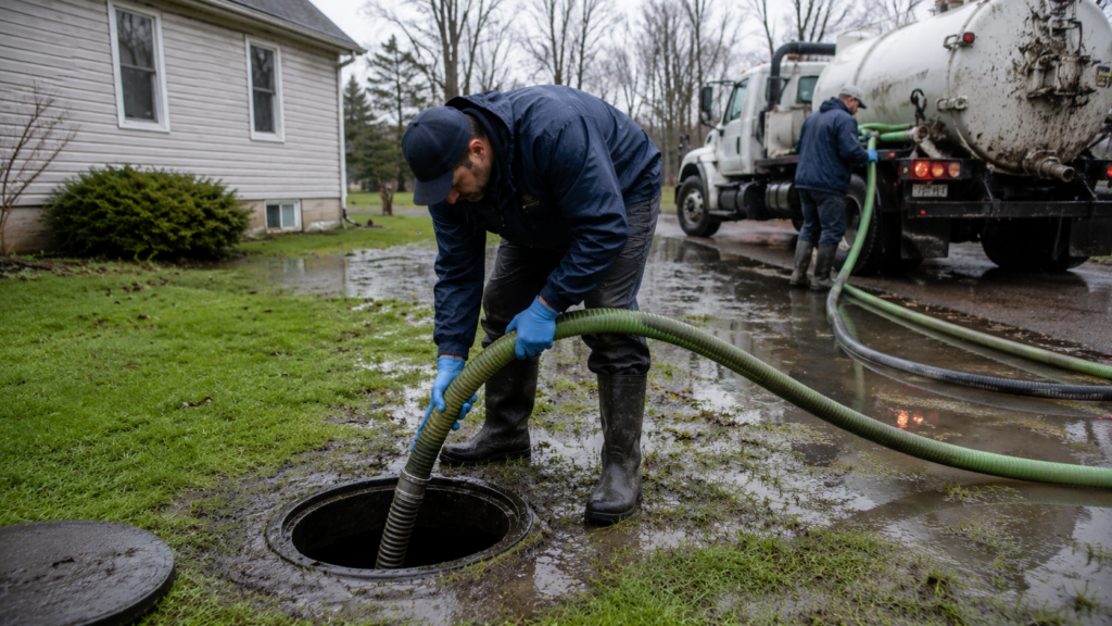 Professional septic tank pump out service on a rain-soaked residential property.png