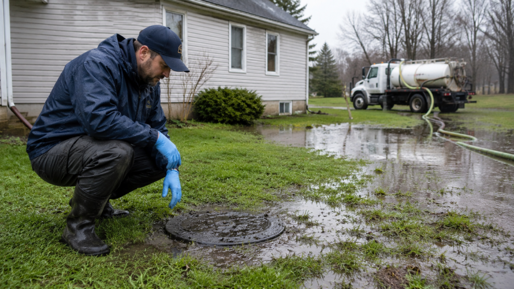 Septic technician inspecting a waterlogged septic tank area after heavy rain