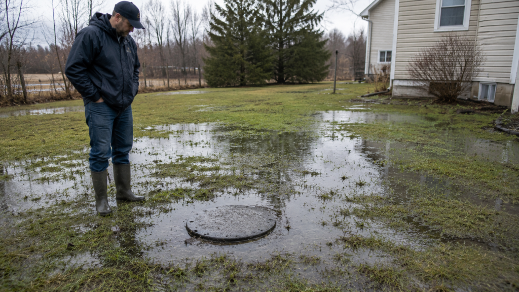 Waterlogged backyard around a septic tank access lid after heavy rainfall