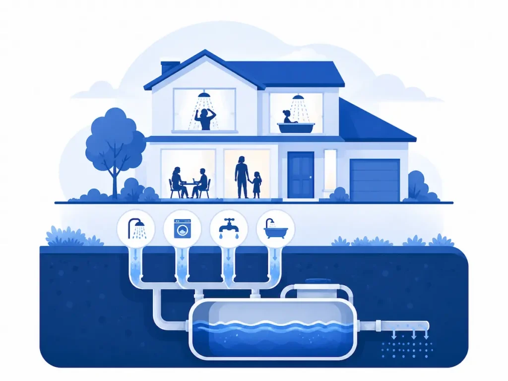 Illustration of a busy household with multiple water sources flowing into an underground septic system, showing increased demand on the tank.