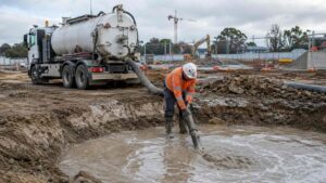 Vacuum tanker removing muddy liquid waste from a construction