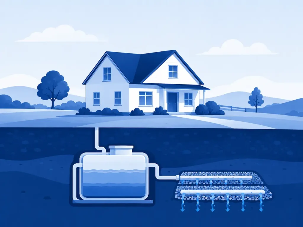 Illustration of a home connected to an underground septic tank and drainage field, showing reliance on an on-site wastewater system.