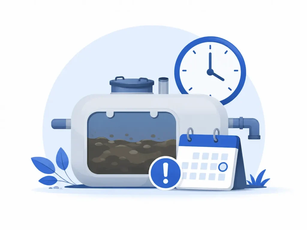 Illustration of a septic tank with a calendar, clock, and warning icon, showing the importance of regular maintenance and servicing.